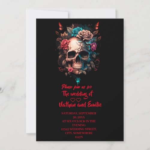 Dark Moody Floral Skull Gothic Wedding Invitatio Invitation