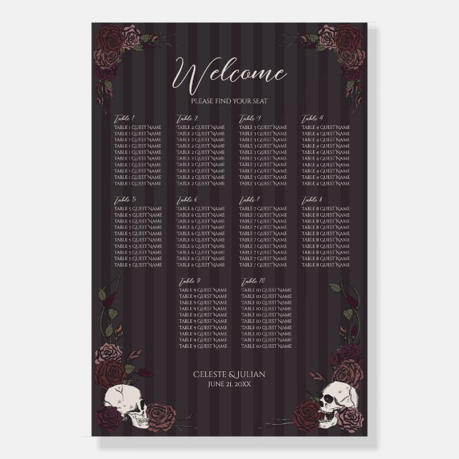 Dark Moody Floral Skull Maroon Seating Chart Sign (Front)