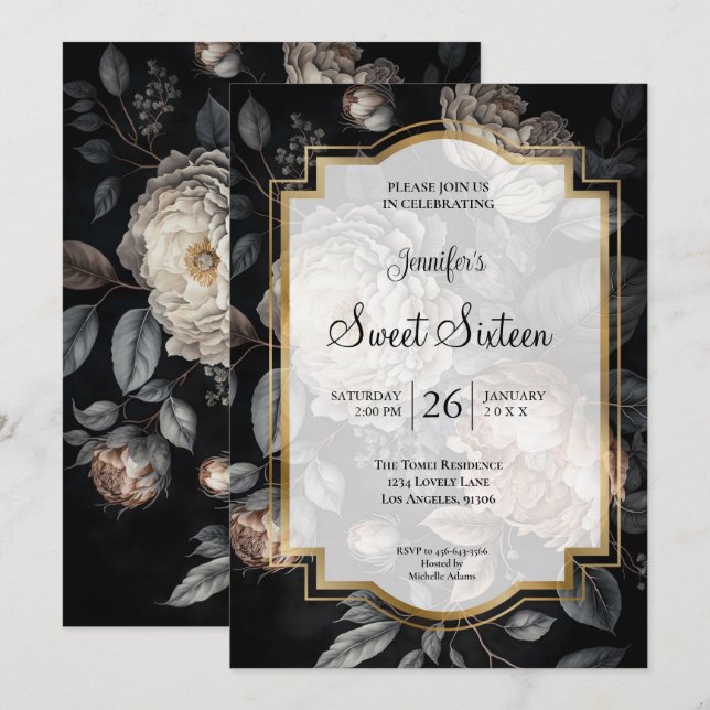 Dark Moody Floral Sweet 16 Invitation (Front/Back)