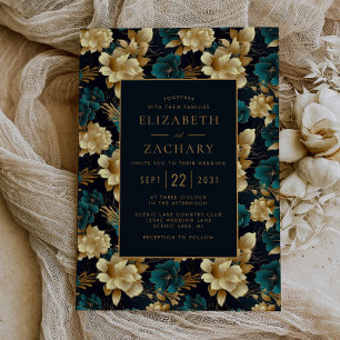 Dark Moody Floral Teal Gold Ivory Black Wedding Invitation