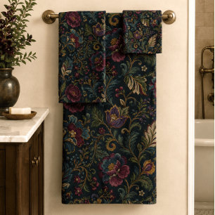 Dark Moody Floral Vintage Crewel Botanical Elegant Bath Towel Set