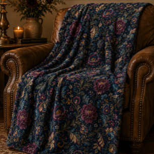 Dark Moody Floral Vintage Crewel Botanical Elegant Fleece Blanket