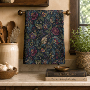Dark Moody Floral Vintage Crewel Botanical Elegant Kitchen Towel