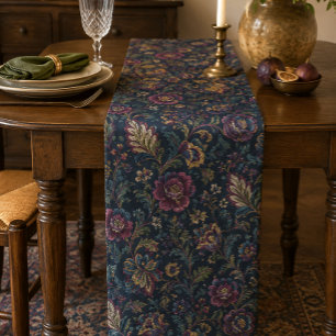Dark Moody Floral Vintage Crewel Botanical Elegant Short Table Runner