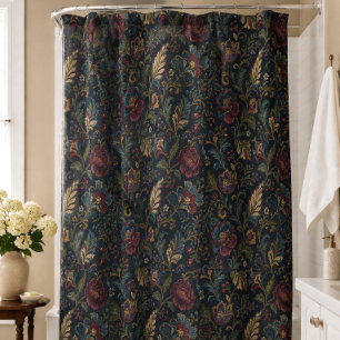 Dark Moody Floral Vintage Crewel Botanical Elegant Shower Curtain