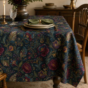 Dark Moody Floral Vintage Crewel Botanical Elegant Tablecloth