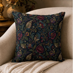Dark Moody Floral Vintage Crewel Botanical Elegant Throw Pillow