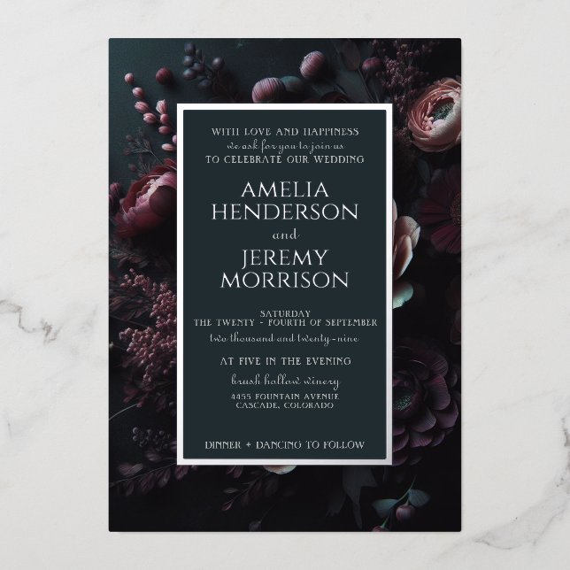 Dark Moody Floral with Details Foil Invitation (Front)