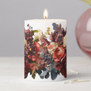 Dark Moody Florals Burgundy Maroon Coral White Pillar Candle