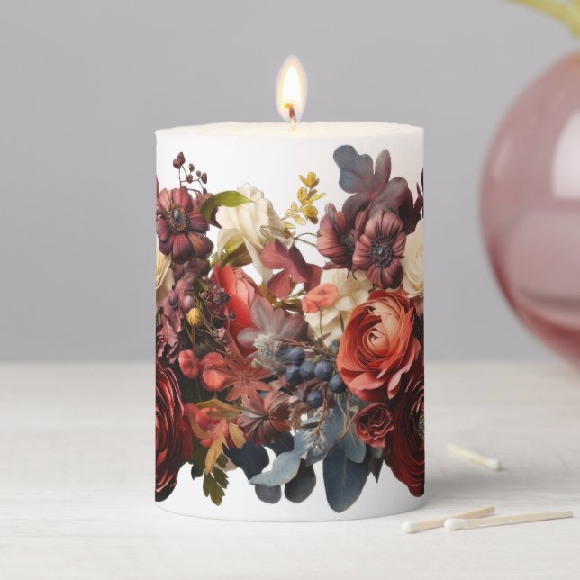 Dark Moody Florals Burgundy Maroon Coral White  Pillar Candle (In Situ)
