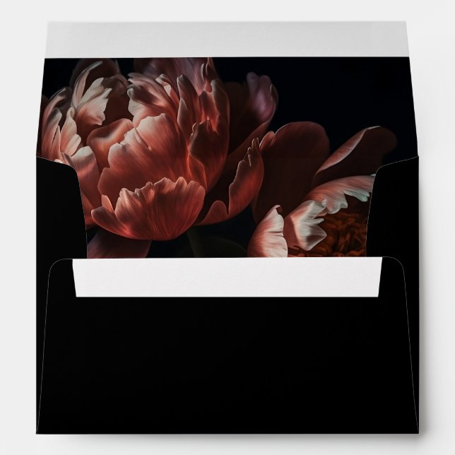 Dark Moody Florals Romantic Peonies Black Wedding Envelope (Back (Bottom))