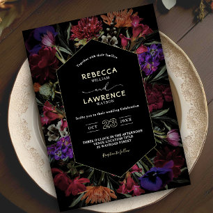 Dark moody flowers black wedding invitation