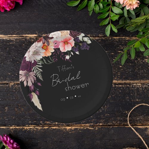 Dark Moody Flowers Bridal Shower Paper Plates