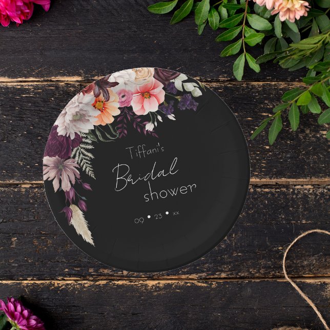 Dark Moody Flowers Bridal Shower Paper Plates (Creator Uploaded)