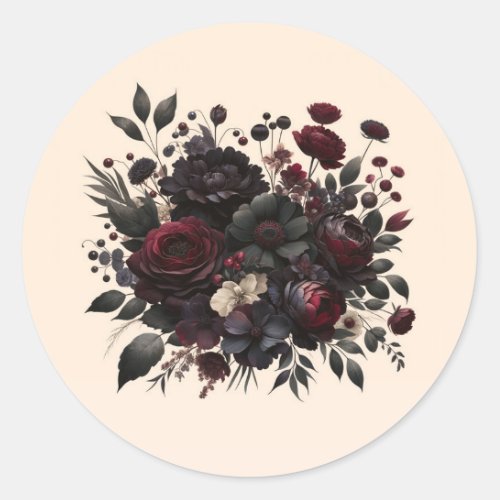 Dark Moody Flowers Elegant Floral Cream Wedding Classic Round Sticker
