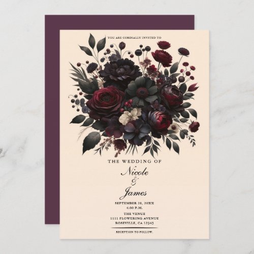 Dark Moody Flowers Elegant Floral Cream Wedding Invitation