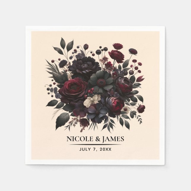Dark Moody Flowers Elegant Floral Cream Wedding  Napkins (Front)