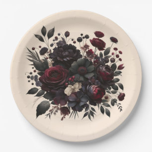 Dark Moody Flowers Elegant Floral Cream Wedding Paper Plates