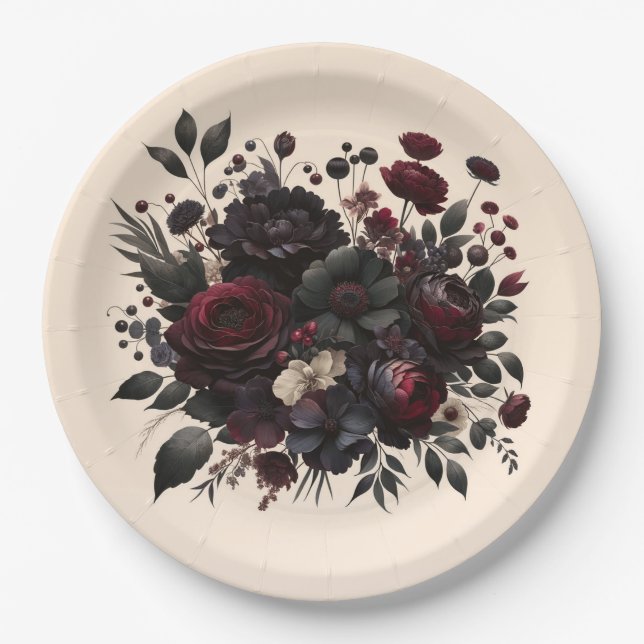 Dark Moody Flowers Elegant Floral Cream Wedding  Paper Plates (Front)
