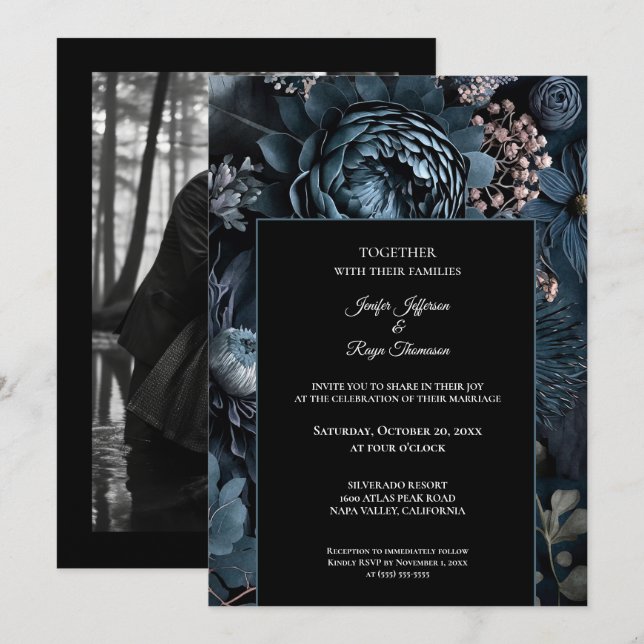 Dark moody flowers Photo Gothic wedding Invitation (Front/Back)