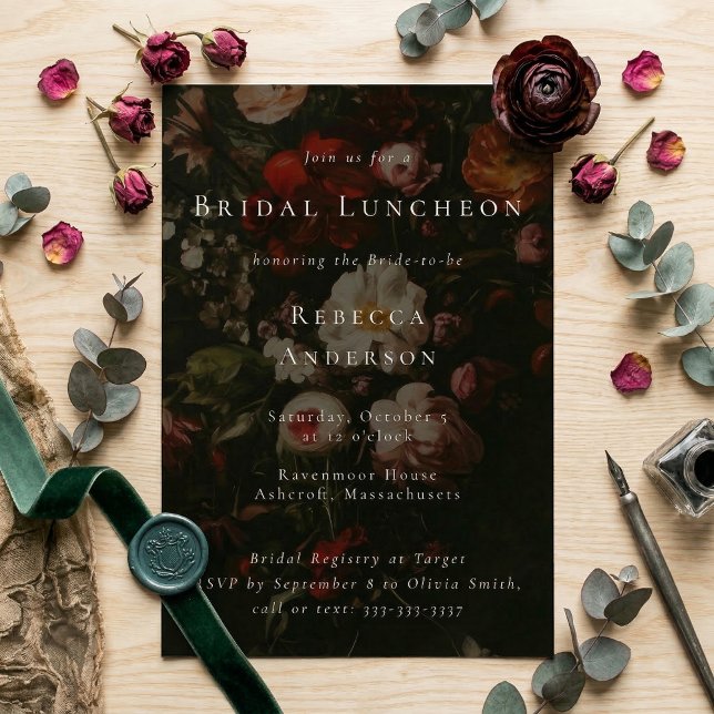 Dark Moody Flowers Romantic Wedding Bridal Shower Invitation (Elegant romantic bridal shower invitation template with dark flowers painting background)