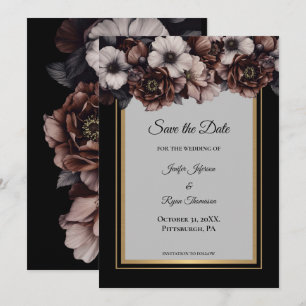 Dark moody flowers wedding save the date announcement