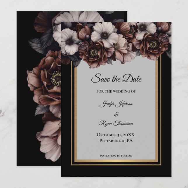 Dark moody flowers wedding save the date announcement (Front/Back)