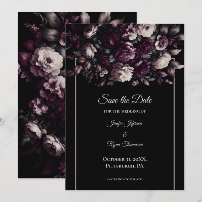 Dark moody flowers wedding save the date announcement (Front/Back)