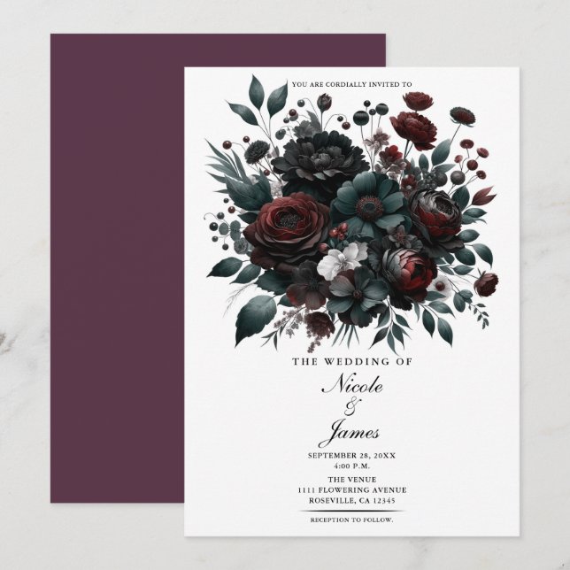 Dark Moody Forest Flowers Elegant Floral Wedding Invitation (Front/Back)