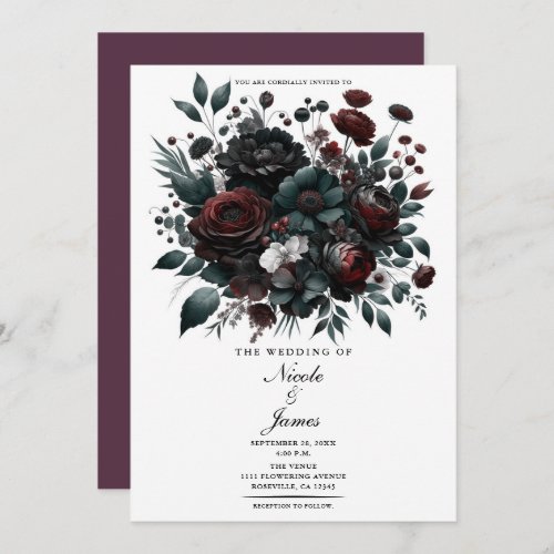 Dark Moody Forest Flowers Elegant Floral Wedding Invitation