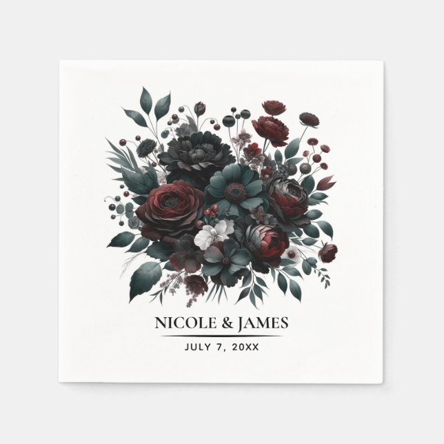 Dark Moody Forest Flowers Elegant Floral Wedding Napkins (Front)