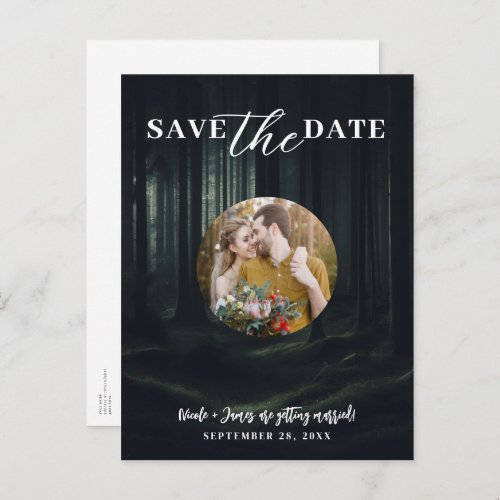 Dark Moody Forest Trees at Twilight Save the Date  Announcement Postcard