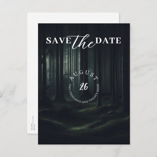 Dark Moody Forest Trees at Twilight Save the Date  Announcement Postcard