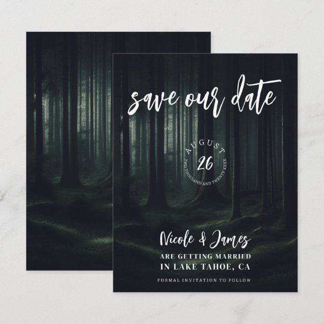 Dark Moody Forest Trees at Twilight Save the Date  Invitation (Front/Back)