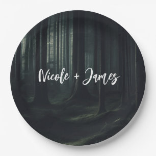 Dark Moody Forest Trees at Twilight Wedding Paper Plates