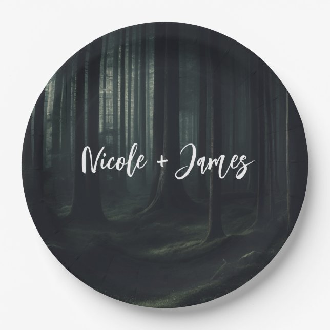 Dark Moody Forest Trees at Twilight Wedding Paper Plates (Front)
