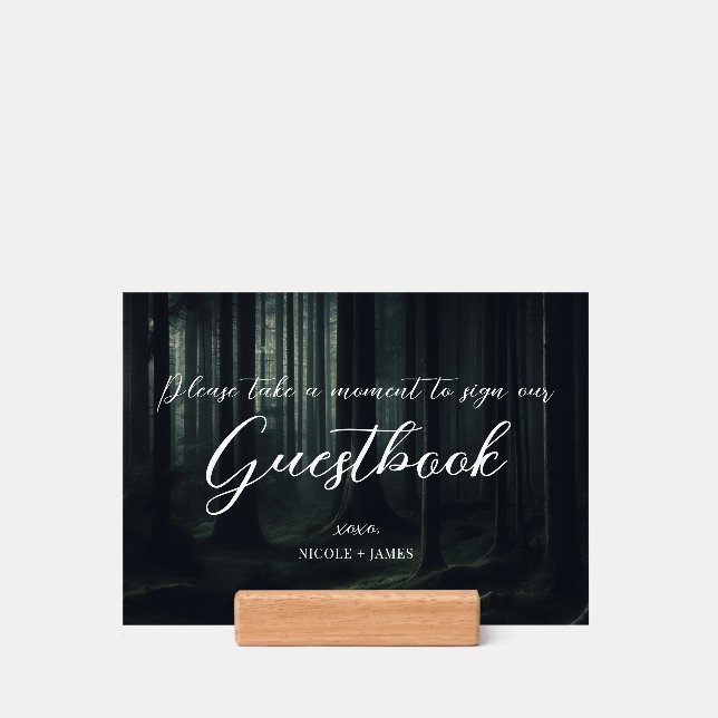 Dark Moody Forest Trees at Twilight Wedding Sign Holder (Woodblock)