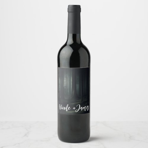 Dark Moody Forest Trees at Twilight Wedding Wine Label