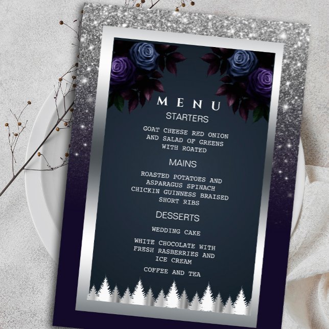 Dark Moody Glitter Silver Navy Blue Florals Menu Invitation (Set the mood for an elegant evening with our silver glitter and navy blue floral menu invitation)