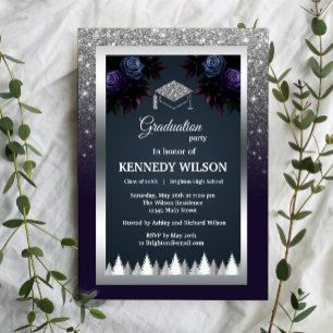 Dark Moody Glitter Silver Navy Blue Graduation Invitation