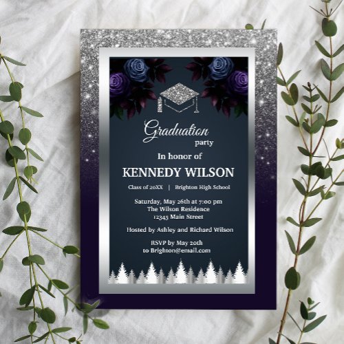 Dark Moody Glitter Silver Navy Blue Graduation