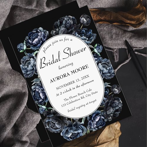 Dark Moody Gothic Blue Floral Bridal Shower Invitation