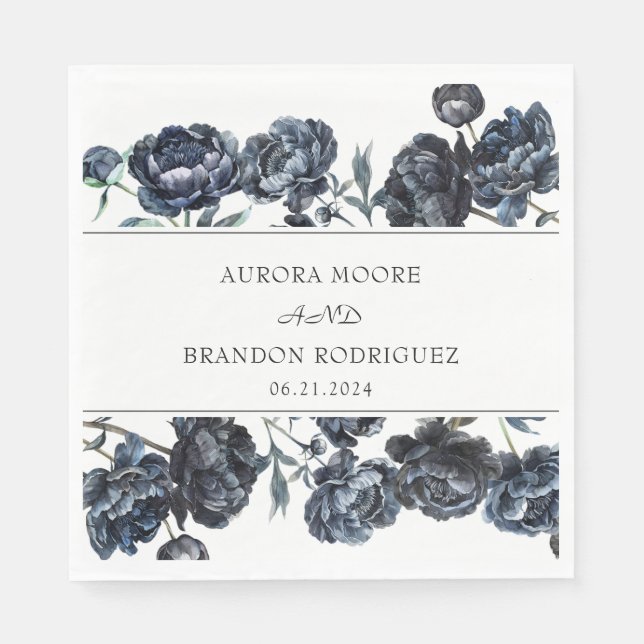 Dark Moody Gothic Blue Floral Wedding Napkins (Front)
