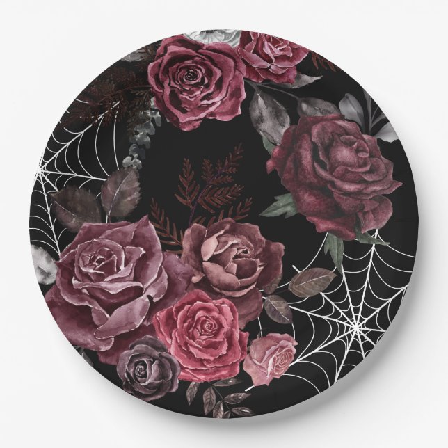 Dark moody Gothic floral black Bridal Shower  Paper Plates (Front)