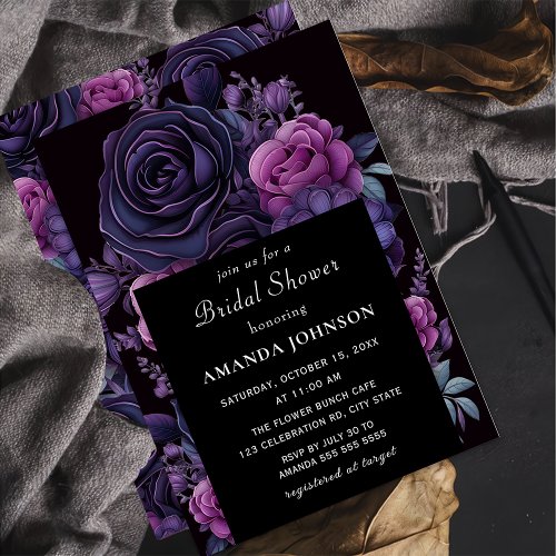 Dark Moody Gothic Purple Flower Bridal Shower  Invitation