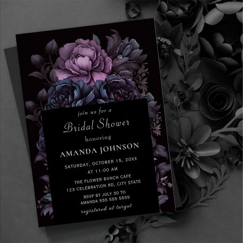 Dark Moody Gothic Purple Flower Bridal Shower  Invitation