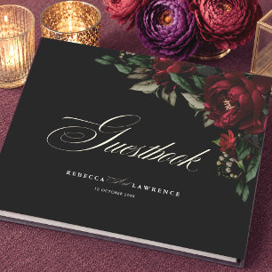 Dark Moody Gothic Red Green Floral Wedding Guest Book