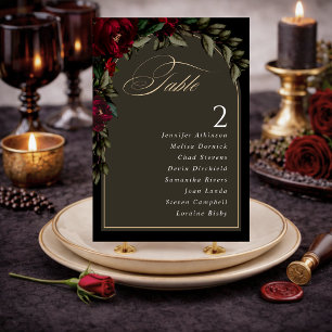 Dark Moody Gothic Red Green Floral Wedding Table Number