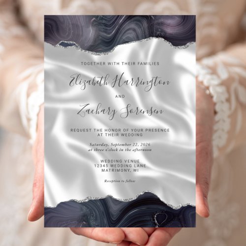 Dark Moody Gray Silver Agate White Silk Wedding Invitation