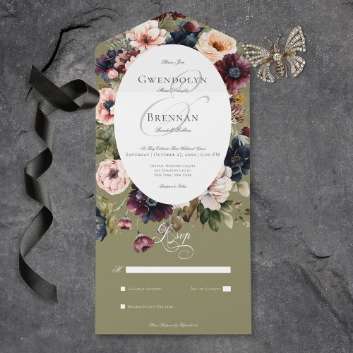 Dark Moody Green Oval Floral Frame No Dinner All In One Invitation